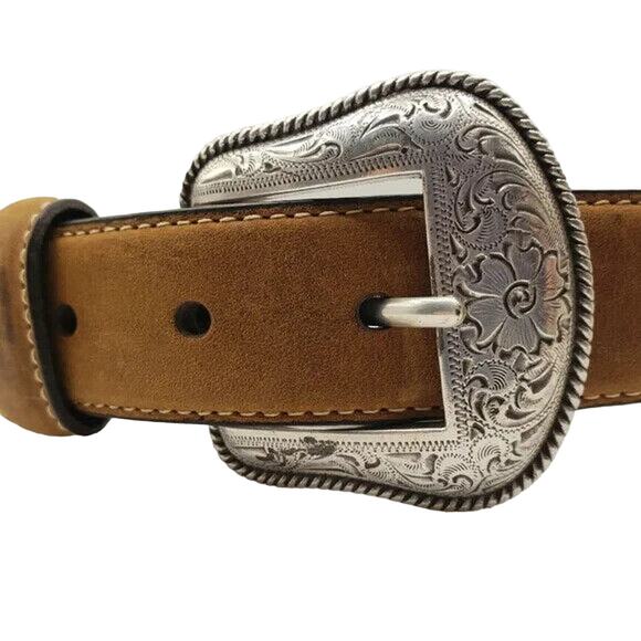 Nocona Tan Brown Leather Western Belt Braided Concho Silver Tooled Buckle Sz 26 - Picture 7 of 12